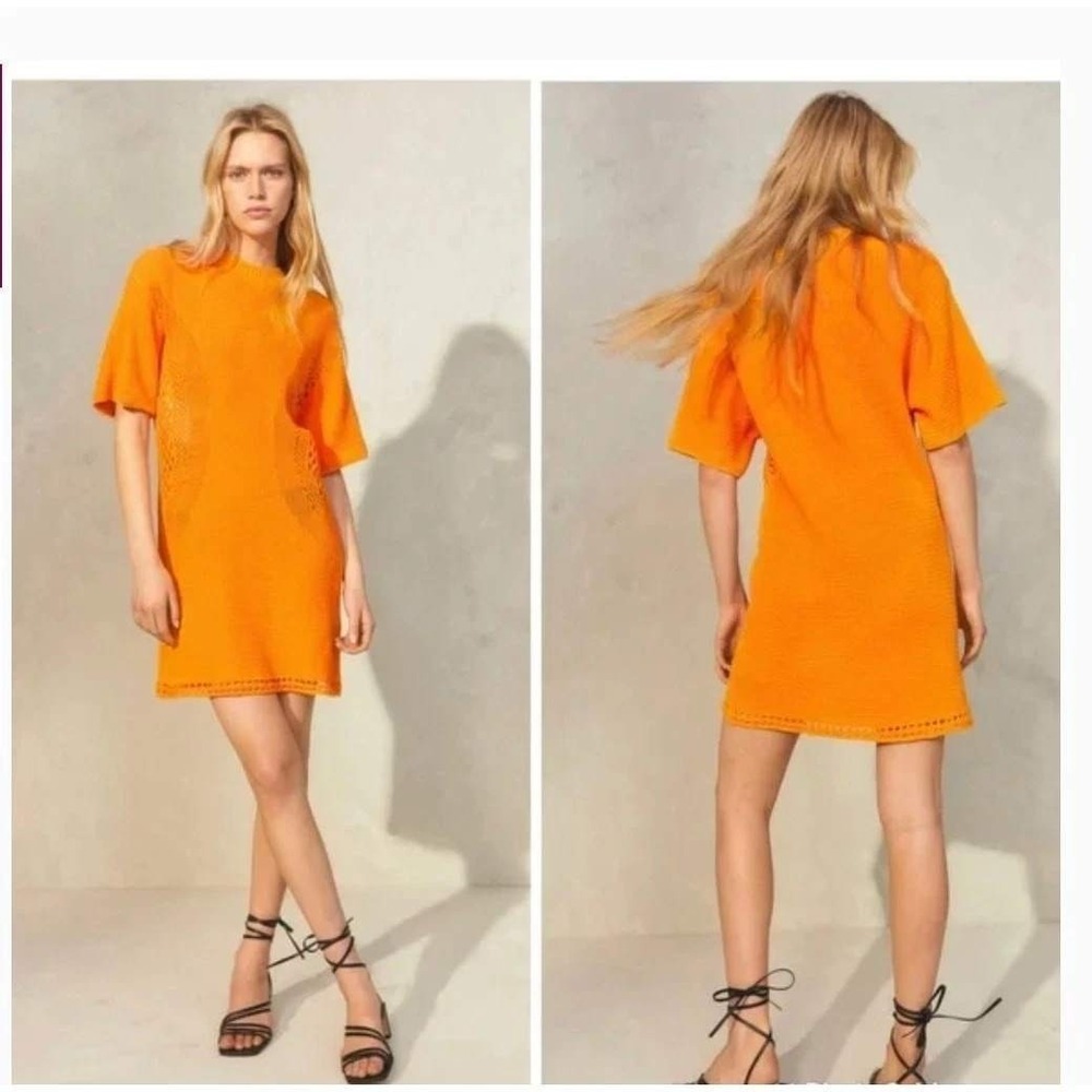 H&M Conscious Orange Organic Cotton Knit Mini T-Shirt Dress Pointelle Small NEW